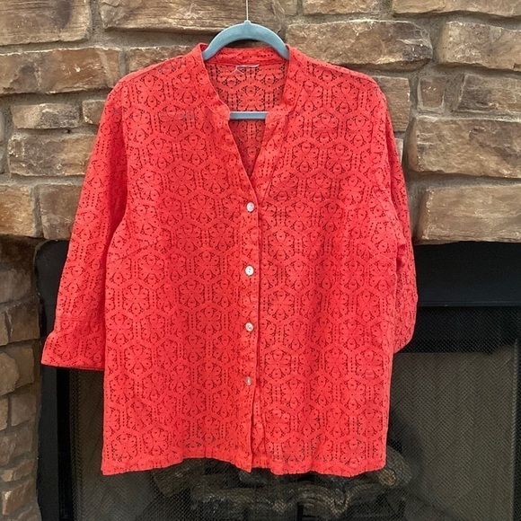 Tangerine see through lace blouse with pearl buttons. XL - Picture 1 of 8